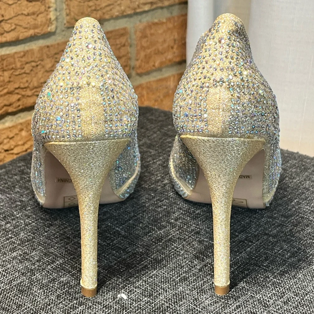 De Blossom Barbara Rhinestone Peep Toe Heels Gold Formal Wedding Size 9 NEW